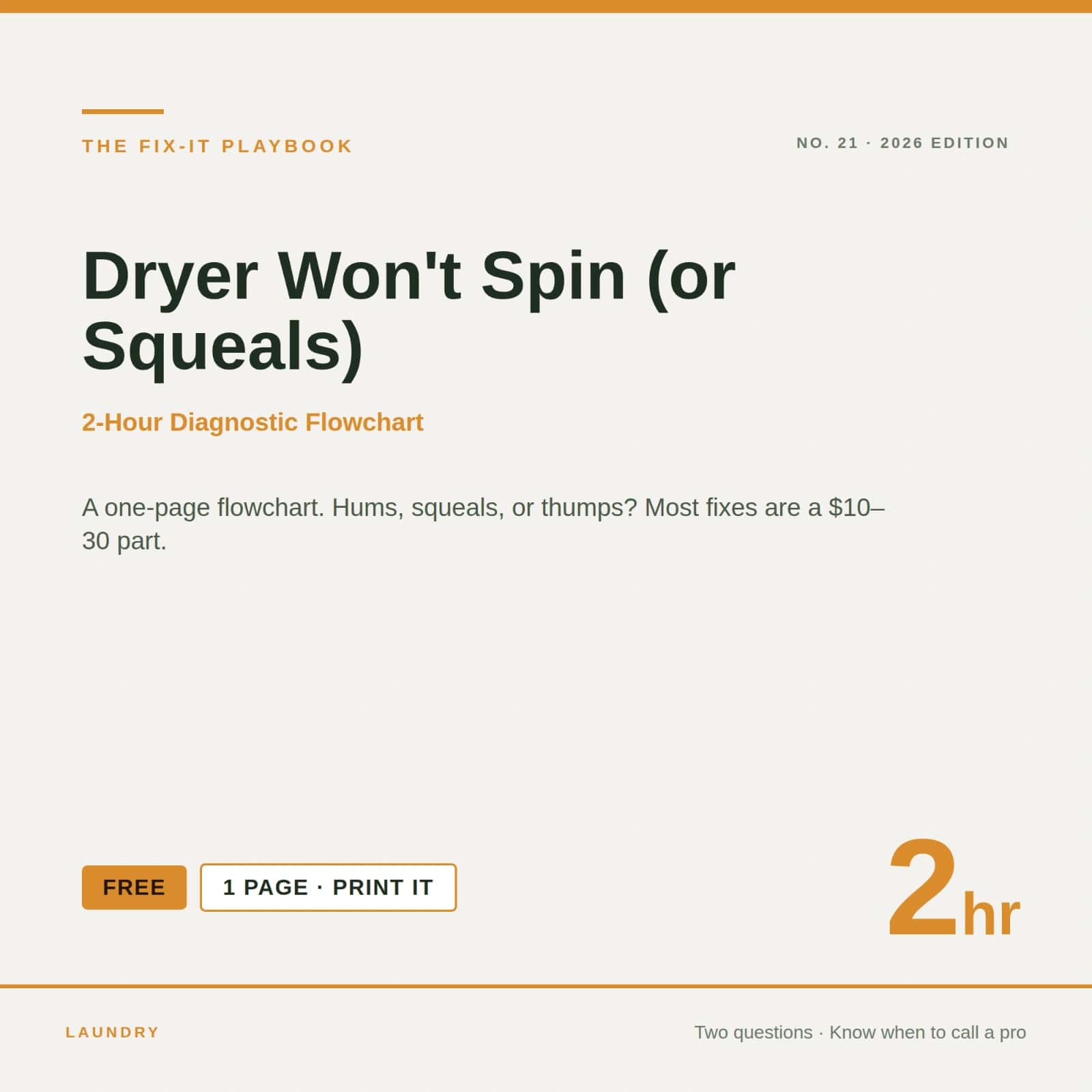 The Fix-It Playbook — Dryer Won't Spin (or Squeals) Flowchart | Free 1-Page PDF | 2026 Edition