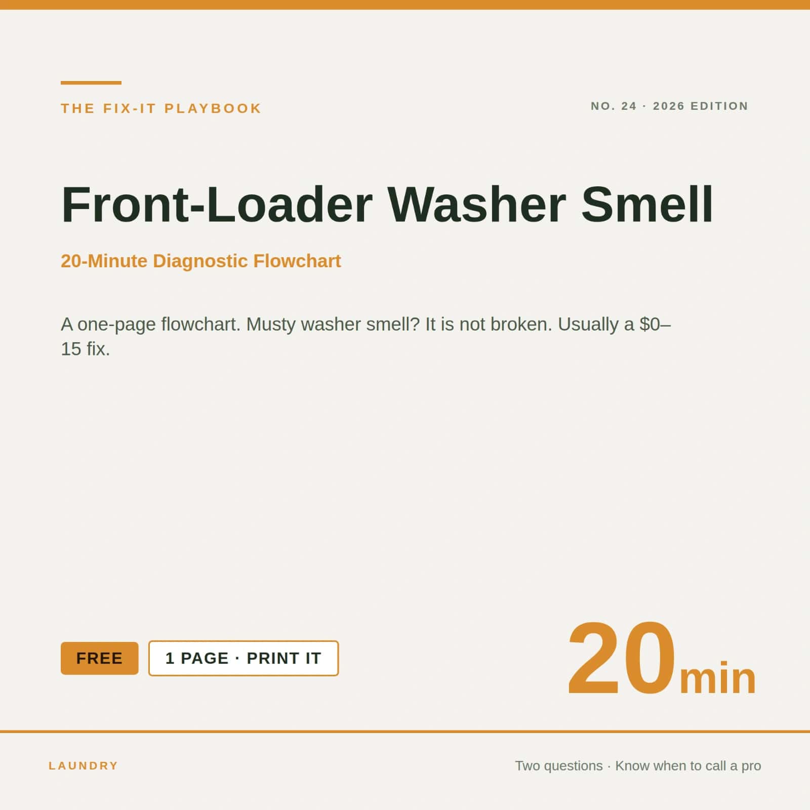 The Fix-It Playbook — Front-Loader Washer Smell Flowchart | Free 1-Page PDF | 2026 Edition