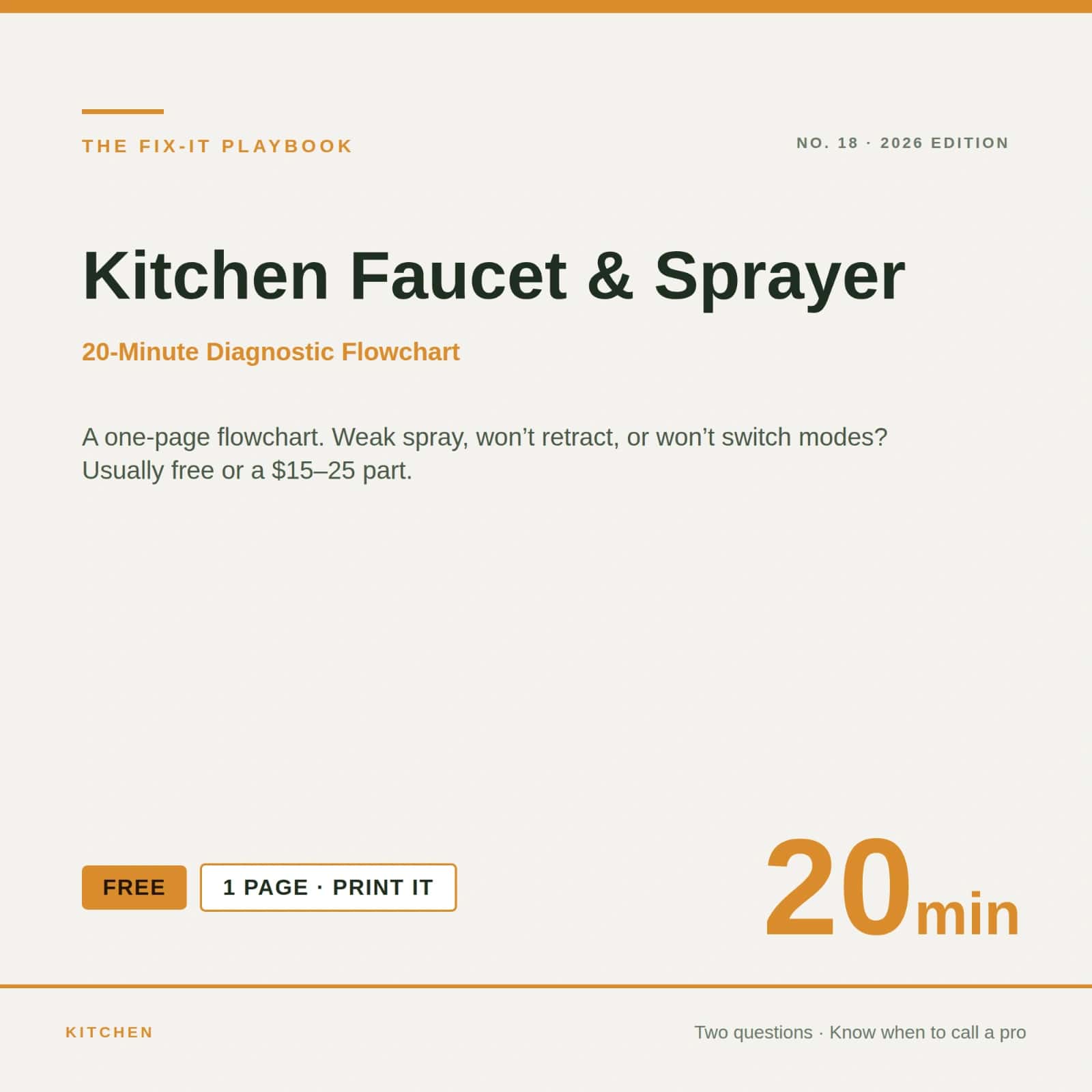 The Fix-It Playbook — Kitchen Faucet & Sprayer Flowchart | Free 1-Page PDF | 2026 Edition